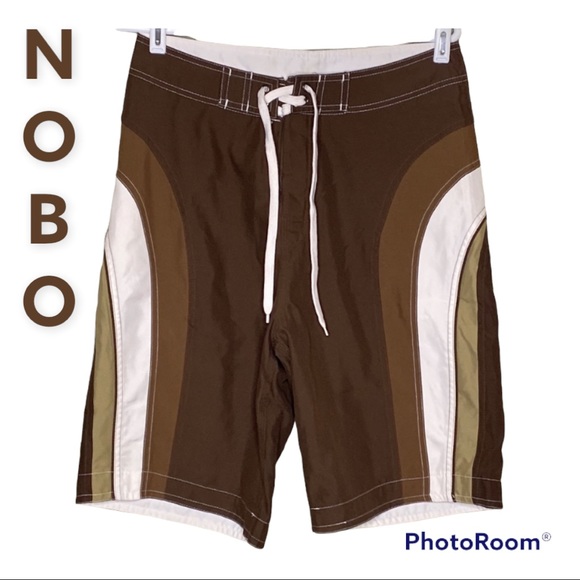 NoBo Color Blocked Brown, Tan and White Long Length Swim Trunks Sz 32 - Picture 1 of 13